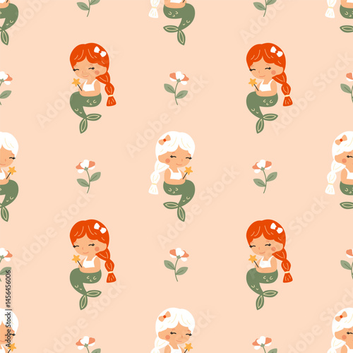 Colorful seamless pattern with cute little mermaid characters and flowers. Playful vector illustration in soft pastel colors. Perfect for children's decor, wallpaper, apparel