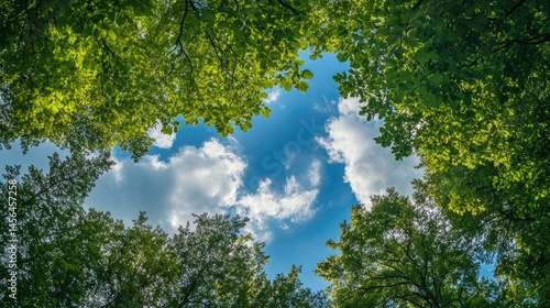 A Canopy of Lush Green Leaves Framing a Sunny Blue Sky with Fluffy Clouds: A Breathtaking View from Below