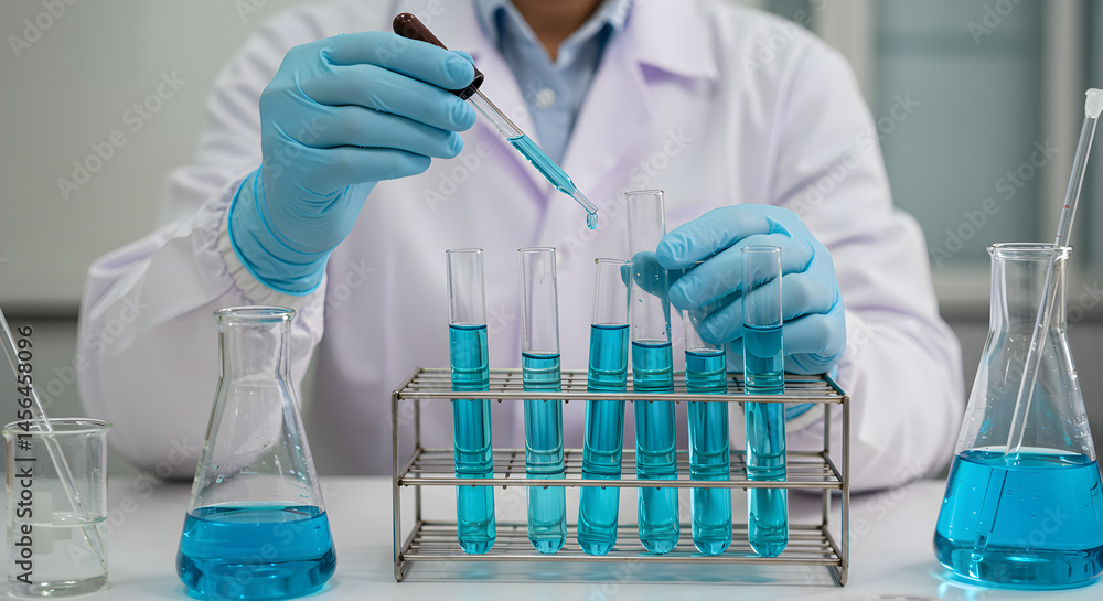 Scientist Drops Blue Liquid in Test Tube in Laboratory White Background Scientist Drops Blue Liquid in Test Tube in Laboratory White Background
