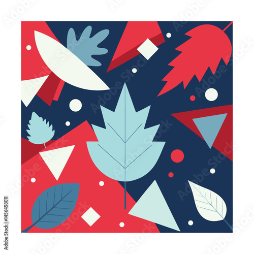 vector illustration of an abstract background. Trendy autumn memphis pattern with leaves and geometric shape, Vintage trendy colorful palm leaves and triangle pattern.