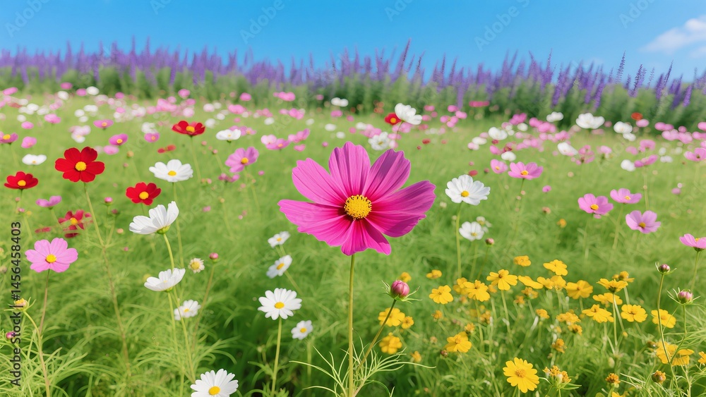 Obraz premium Vibrant Cosmos Flower Field Under a Sunny Sky A Stunning Floral Landscape