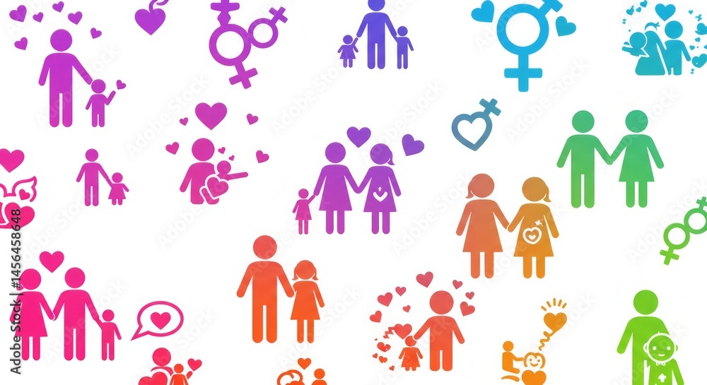 Diverse families illustrations showing love and relationships on a white background Diverse families illustrations showing love and relationships on a white background