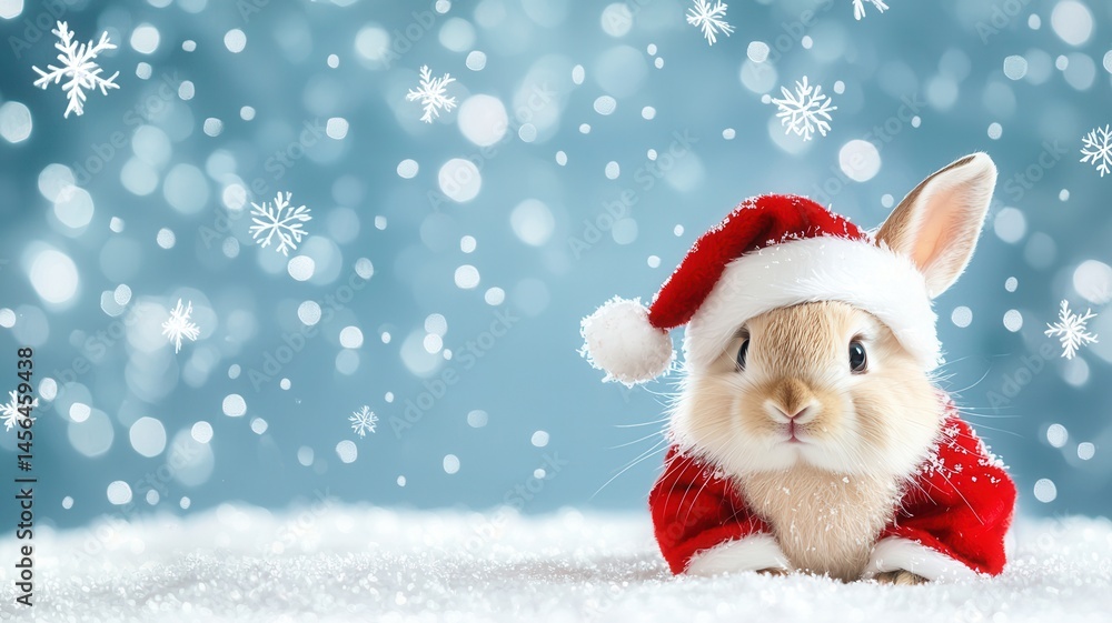 Cute brown rabbit wearing christmas hat lying on snow with gift celebrating and snowflakes, box winter holidays Cute brown rabbit wearing christmas hat lying on snow with gift celebrating and snowflakes, box winter holidays