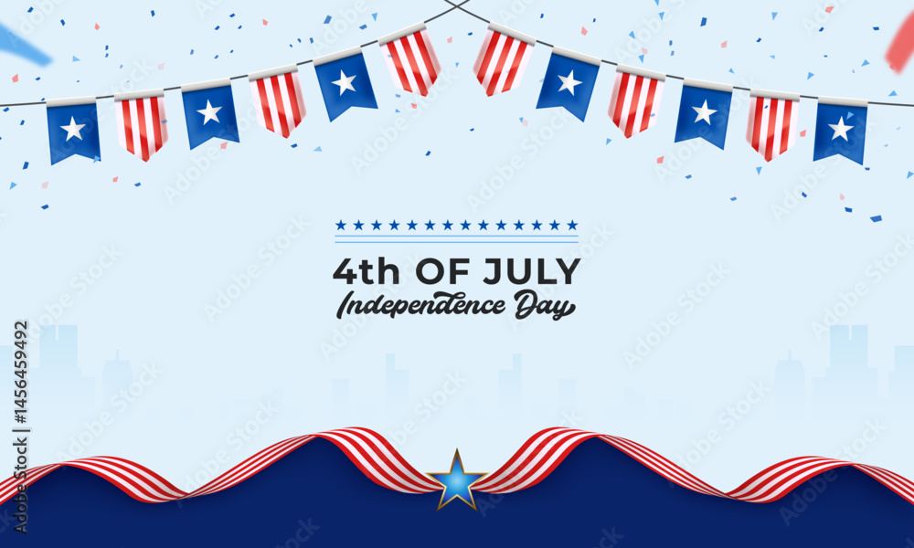 Obraz premium 4th of July background with patriotic banners, confetti, and waving stripes. Ideal for USA Independence Day celebration cards, posters, flyers, and invitations.