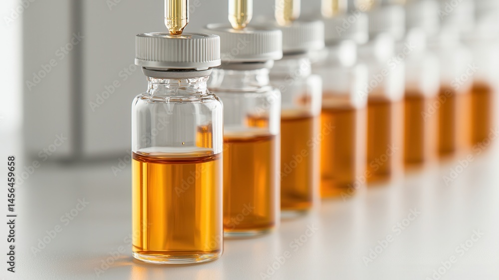 Close up of a pipette dropping essential oil into a row of medical vials, showcasing the a of sample preparation or quality control in process laboratory environment Close up of a pipette dropping essential oil into a row of medical vials, showcasing the a of sample preparation or quality control in process laboratory environment