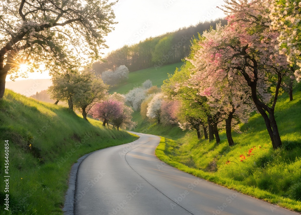 custom made wallpaper toronto digitalA sunlit road passes between blooming trees on a hillside