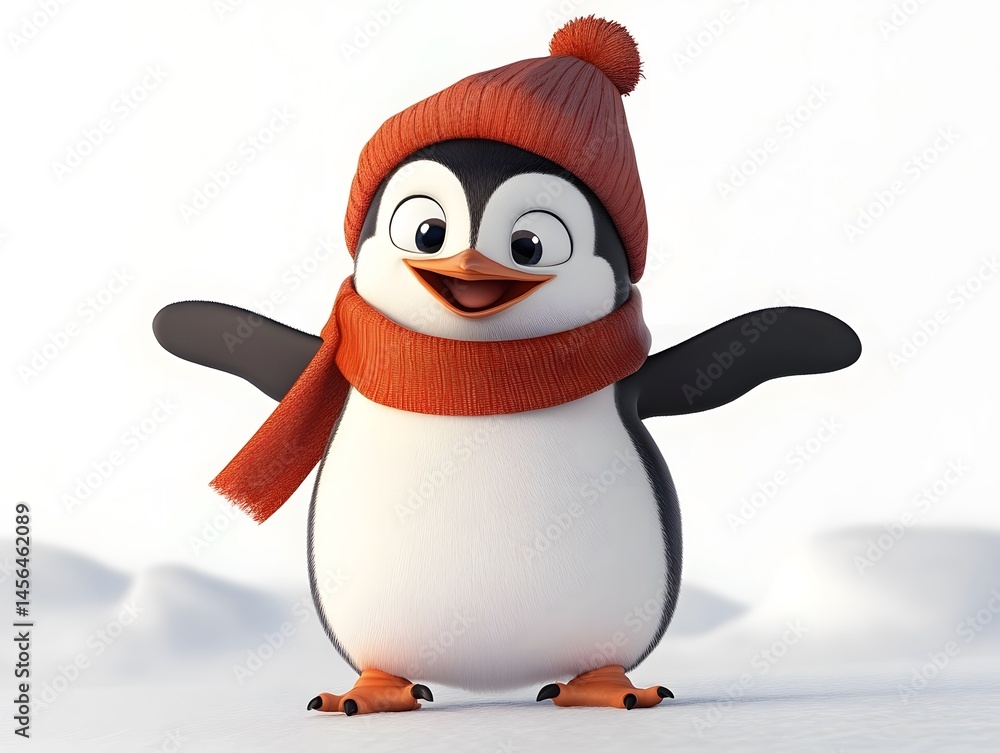 Obraz premium Cute Cartoon Penguin: Winter Fun in a Snowy Wonderland - Adorable Digital Art!
