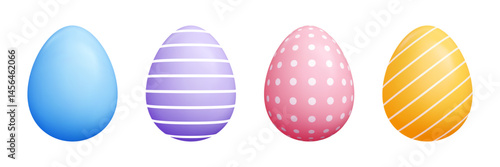 Vector 3d Easter egg set - pastel color oval shapes, cartoon polka dots, striped diagonal lines, decorative drawing, cute geometric patterns for seasonal spring holidays illustration.
