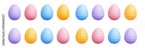 3d vector pastel Easter egg set - colorful solid oval cartoon shapes, striped diagonal lines, polka dots, decorative drawing. Cute geometric patterns for graphic seasonal spring holidays design.