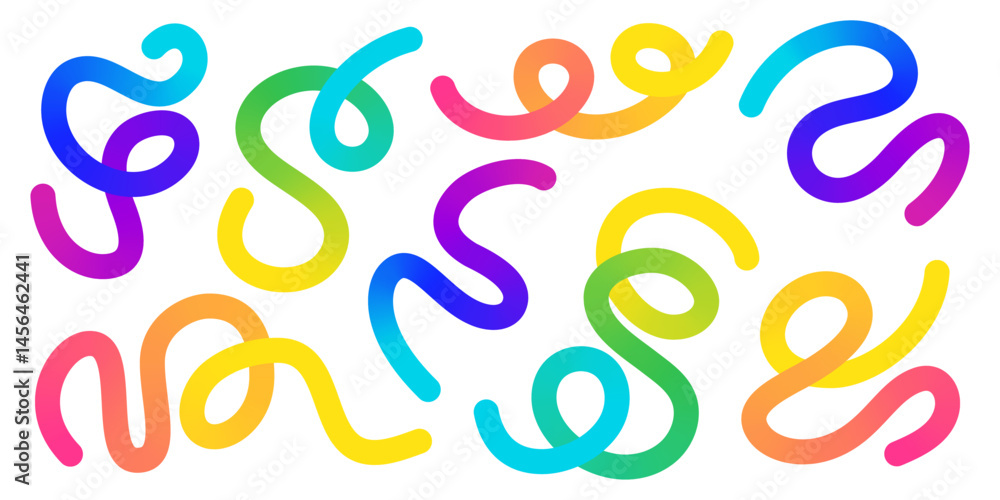 Gradient colorful curvy snake like shapes - twisted lines, loops, swirls form abstract pattern. Flowing wavy liquid organic backdrop illustration decorative texture. Rainbow vivid color palette bg.