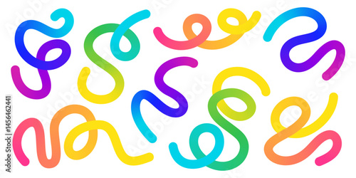 Gradient colorful curvy snake like shapes - twisted lines, loops, swirls form abstract pattern. Flowing wavy liquid organic backdrop illustration decorative texture. Rainbow vivid color palette bg.