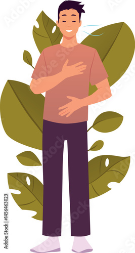 Man standing makes calm breathing exercise on floral backdrop, holding chest and stomach, eyes close vector illustration