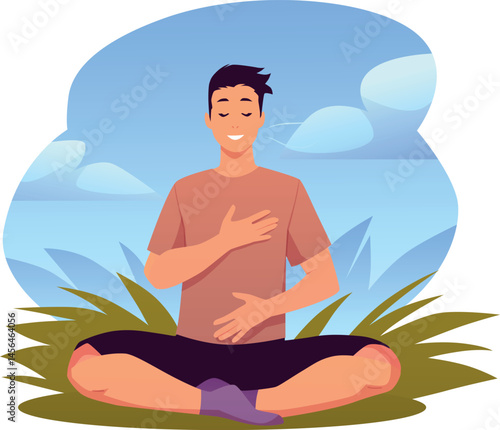 Man in lotus posture on the lawn makes calm breathing exercise on nature, holding chest and stomach vector illustration