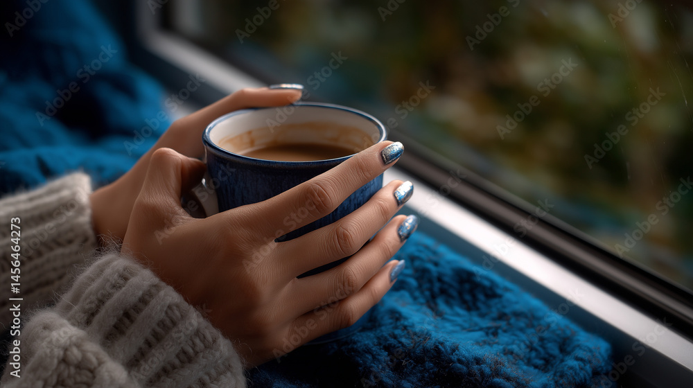 Gazing out the window with coffee in hand and a thoughtful demeanor Gazing out the window with coffee in hand and a thoughtful demeanor