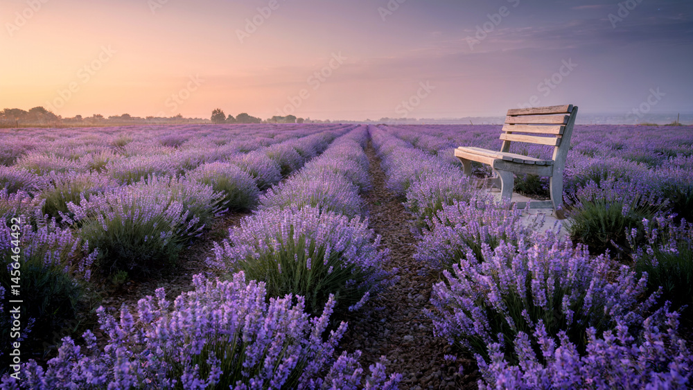 Fototapeta premium Lavender field sunrise with wooden bench on tranquil horizon at dawn