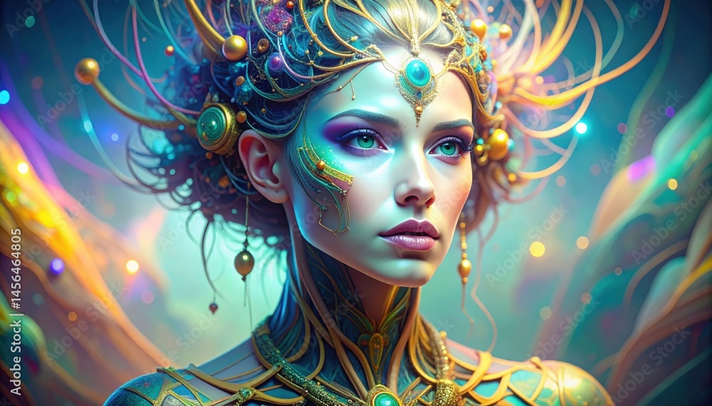 Naklejka premium Close-up of a regal fantasy woman adorned with elaborate glowing jewelry, colorful neon accents, and futuristic details in a magical setting.