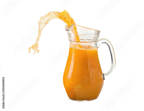 A glass pitcher spilling and splashing orange juice on a transparent background png drinks design