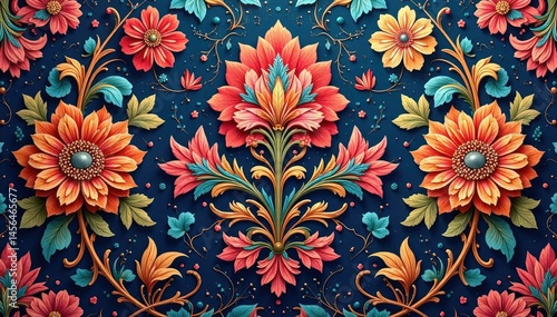 Intricate floral damask textile, repeating motif, seamless pattern, background, seamless