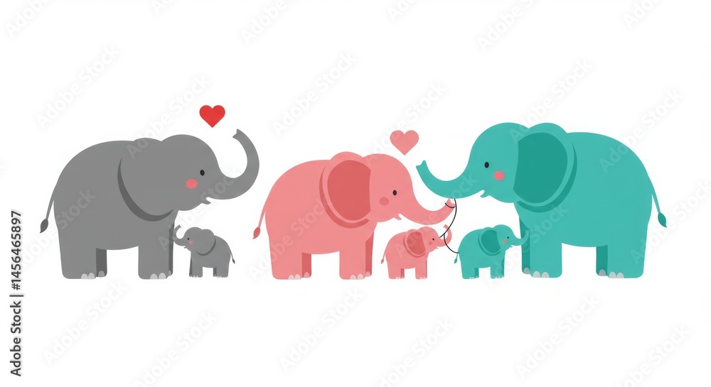 Illustrative Elephant Families in Grey Pink and Blue Tones with Hearts Illustrative Elephant Families in Grey Pink and Blue Tones with Hearts