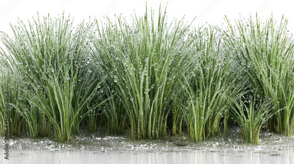 Fototapeta premium Lush green grass with dew drops glistening under soft morning light near a calm water surface