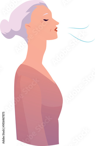 Old woman standing makes calm breathing exercise, breathe out and in with eyes closed vector illustration side view