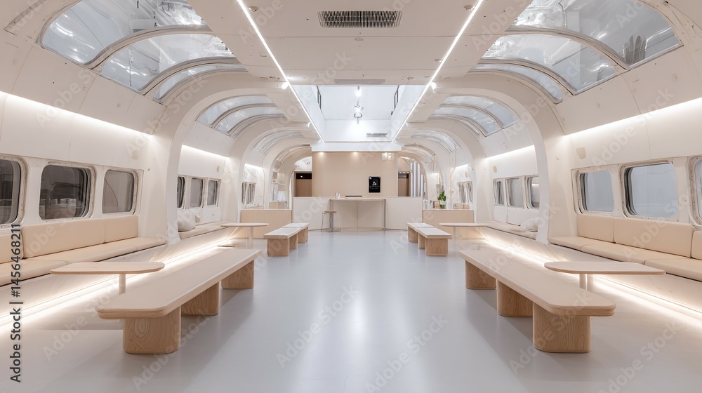 Fototapeta premium Interior of a modern train car with benches and skylights.