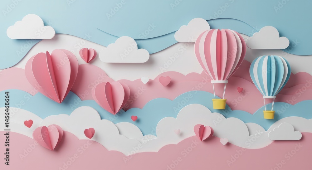 Romantic backdrop featuring pastel paper hearts and hot air balloons floating in clouds Romantic backdrop featuring pastel paper hearts and hot air balloons floating in clouds
