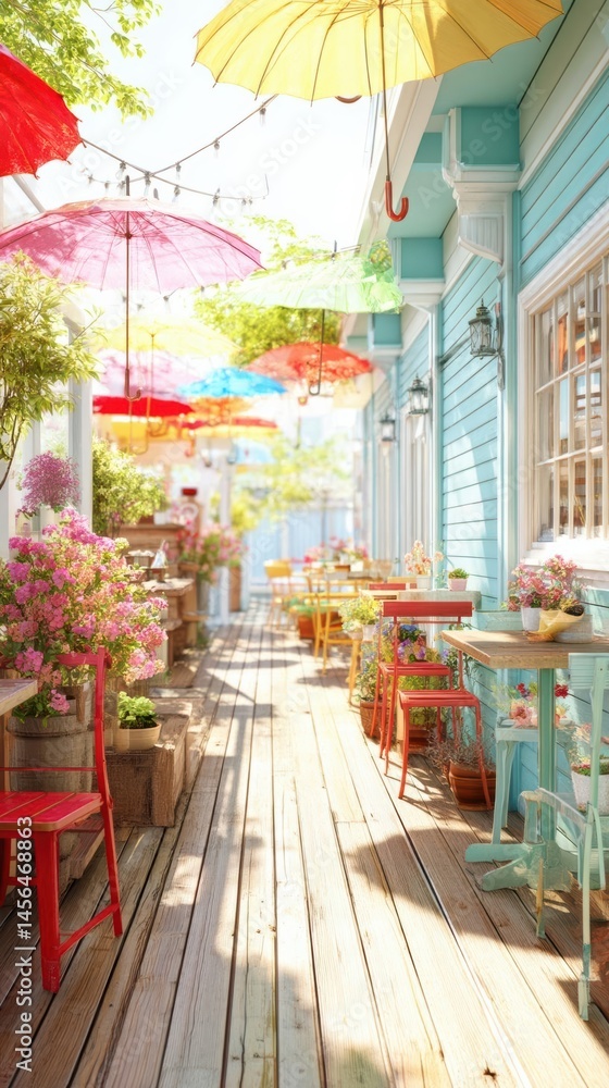 Obraz premium Colorful outdoor caf? with vibrant umbrellas and flowers, inviting atmosphere and sunny day