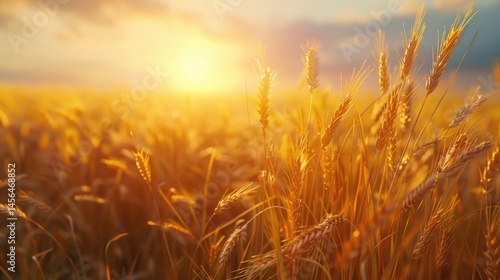 Golden wheat field at sunset with a dramatic sky. Abstract artwork of golden rive field or wheat field landscape or farm in harvest season at sunset. Landscape photo. Farming and harvesting. AIG51.