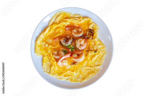 Delicious shrimp omelette served hot on a white plate, perfect for breakfast menus, culinary blogs, or restaurant promotions. Fresh, savory, and visually appealing, isolated on transparent background