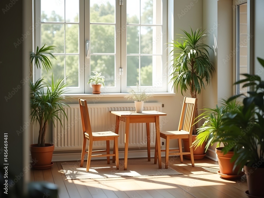 Fototapeta premium Minimalistic Balcony with Chair, Table, and Plants – Peaceful Outdoor Space with Natural Light and Modern Design