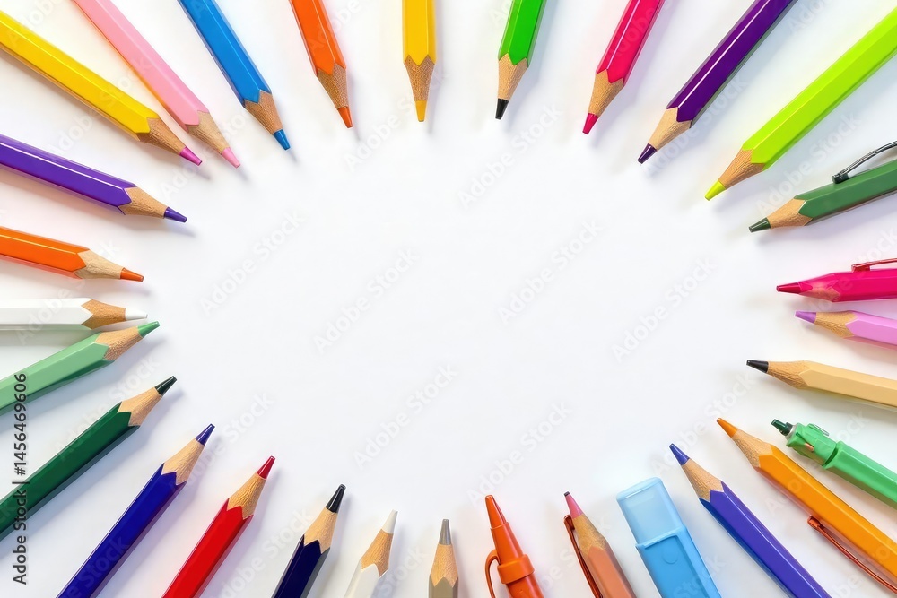 Fototapeta premium Scattered writing implements on bright white backdrop , tools, minimal, simple