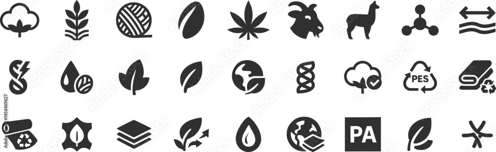Fototapeta premium Material composition label glyph icon set. Vector pictograms of cotton, wool, silk, hemp, alpaca, cashmere, goat, textile, organic, natural, black sign silhouette illustration.