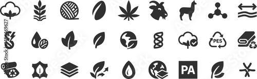 Material composition label glyph icon set. Vector pictograms of cotton, wool, silk, hemp, alpaca, cashmere, goat, textile, organic, natural, black sign silhouette illustration.