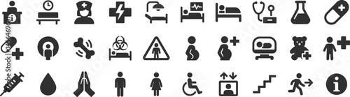 Hospital signage glyph icon set. Vector pictograms of clinic , nurse, doctor, pharmacy, medication, vaccination, syringe, patient, room, operating, radiology, MRI, black sign silhouette illustration.