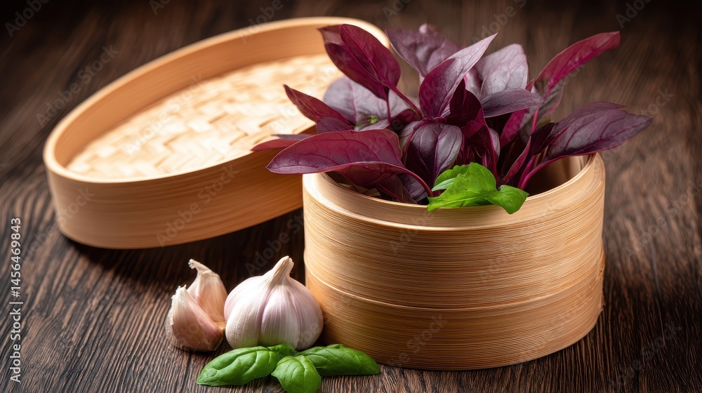 Fresh herbs in a bamboo steamer with garlic on a wooden table, evoking culinary creativity Fresh herbs in a bamboo steamer with garlic on a wooden table, evoking culinary creativity
