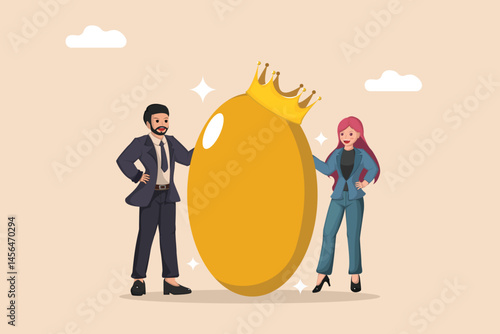 Collaborative Success A Businessman and Businesswoman Standing Beside a Large Golden Egg Wearing a Crown, Symbolizing a Prized Concept.