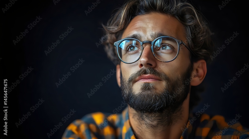 Fototapeta premium Close-up portrait of a man with glasses, looking upwards, lost in thought, on a dark background.