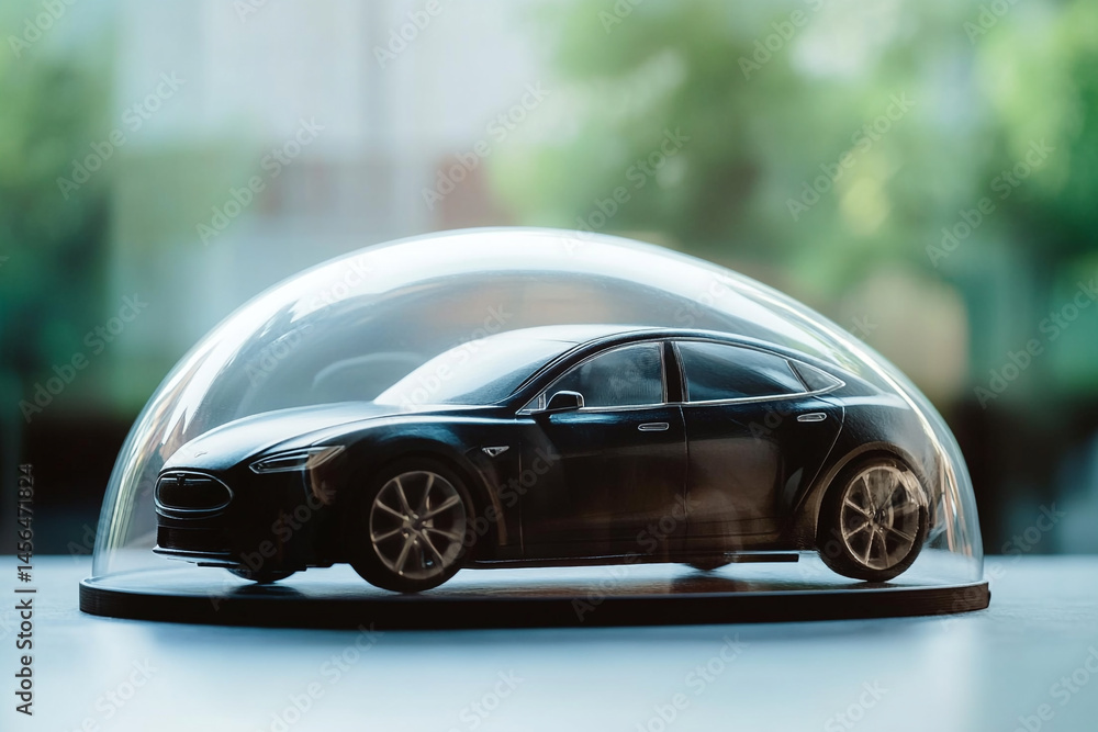Fototapeta premium Black electric car model under a protective glass dome