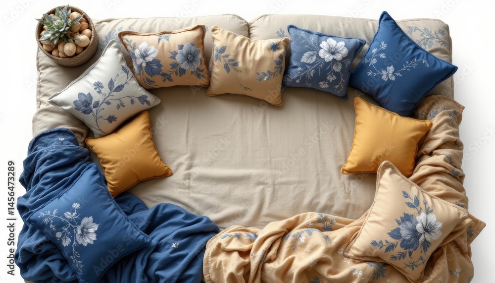 Obraz premium Cozy Bed with Floral Pillows and Blanket