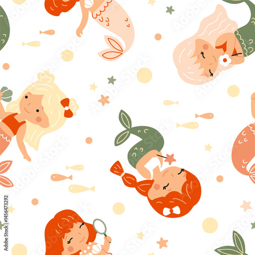 Seamless vector pattern with cartoon little mermaid and marine elements like fish and stars. Suitable for children's products and decor