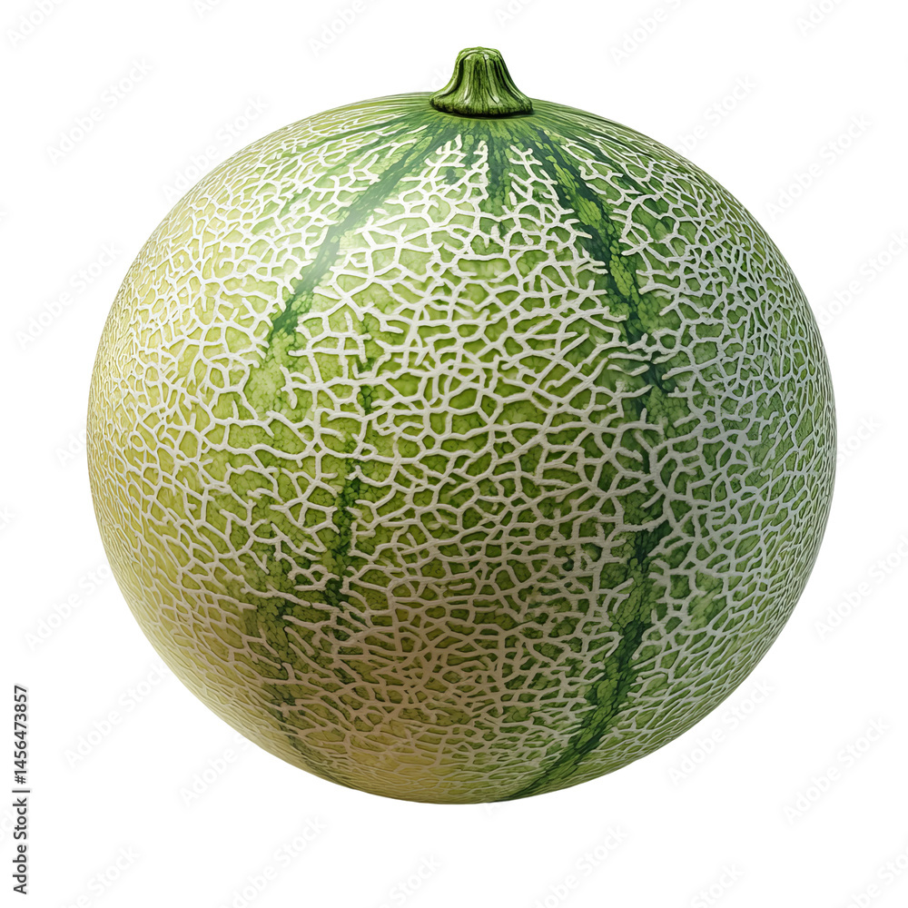 Cantaloupe melon, ripe and ready to eat. Its pale green rind shows a characteristic netting. The melon is round and appears juicy Cantaloupe melon, ripe and ready to eat. Its pale green rind shows a characteristic netting. The melon is round and appears juicy