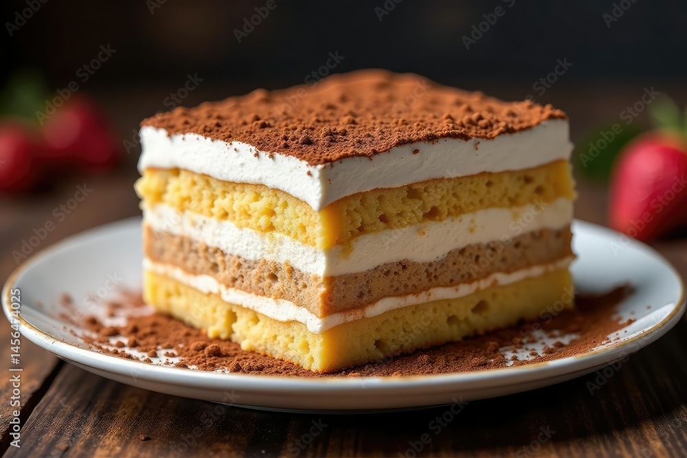 Classic tiramisu, layers visible, cocoa dusting, sugar, food Classic tiramisu, layers visible, cocoa dusting, sugar, food