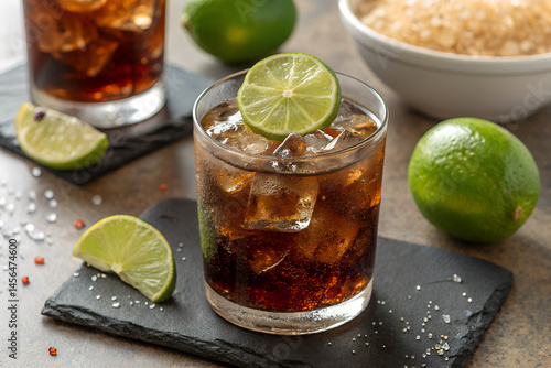 Cola soft drink with ice and lime - Classic Cuba Libre long drink with tangy lime and cool ice for perfect enjoyment