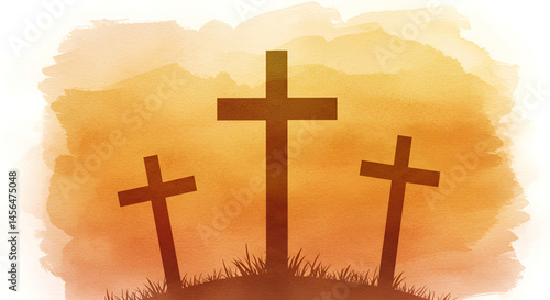 Water color art of three crosses at the top of the hill vintage background . Religion and faith theme . 