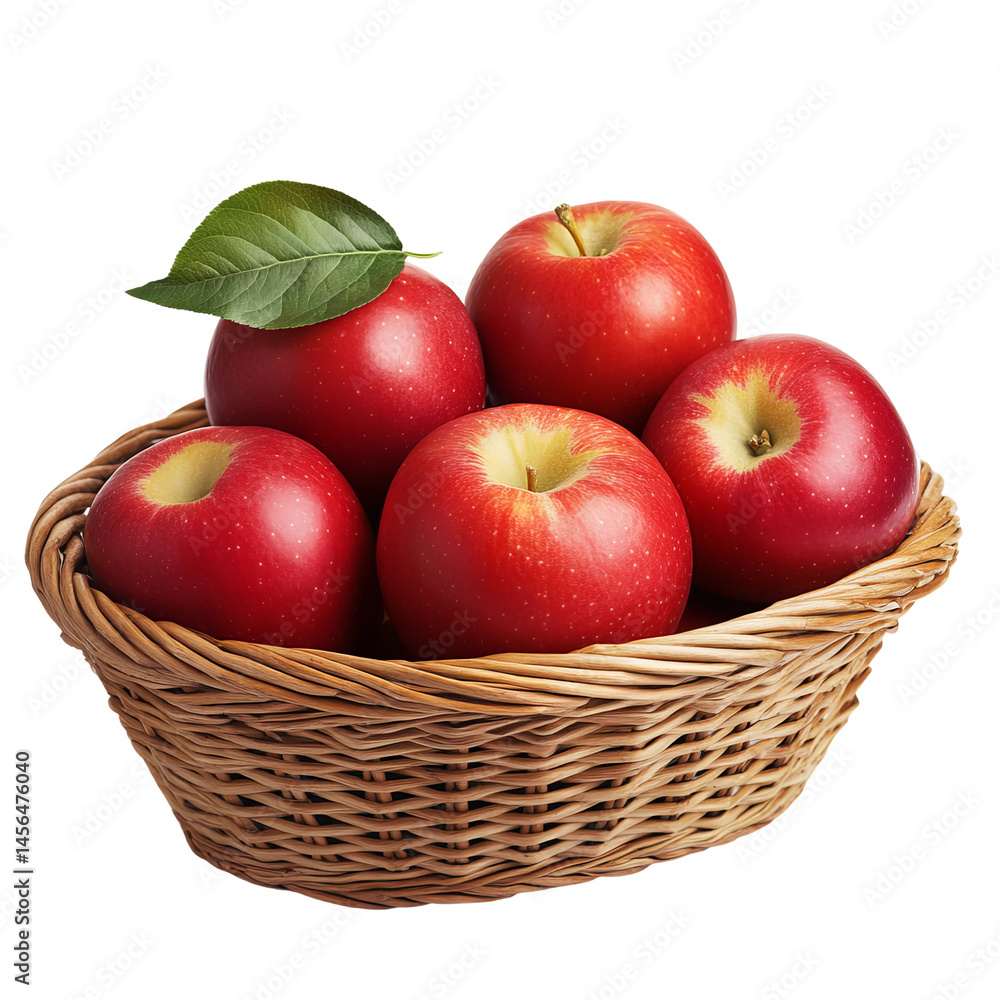 A basket of red apples with a green leaf. The apples are arranged neatly in the basket, which is made of woven wicker A basket of red apples with a green leaf. The apples are arranged neatly in the basket, which is made of woven wicker
