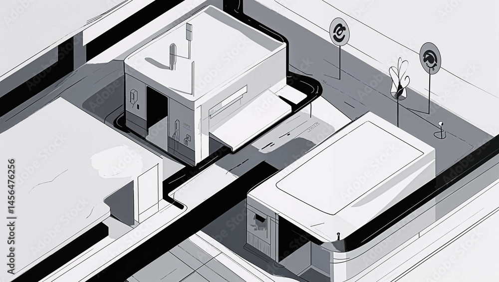 Fototapeta premium Modern architectural illustration depicting a minimalist urban design rendered in grayscale perspective view