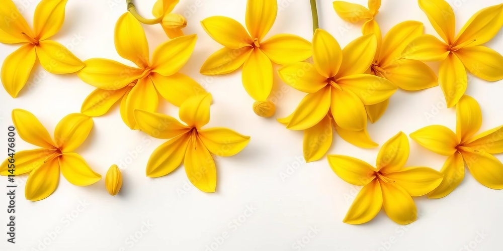 Fototapeta premium Bright yellow ylang ylang blossoms arranged flat on white background, postcard style, overhead shot, petals