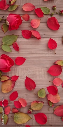 Crimson Blossom Cascade: A close-up shot of vibrant red rose petals and delicate leaves scattered across a weathered wooden surface, creating an artistic and romantic ambiance.