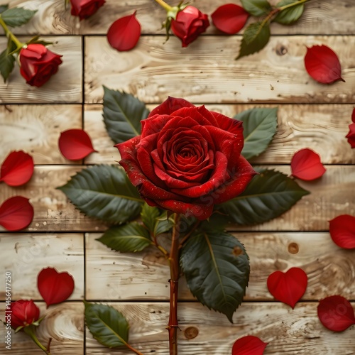Crimson Rose and Petals: A captivating top-down shot of a single, lush crimson rose, surrounded by scattered petals and verdant leaves, all elegantly arranged on a rustic wooden surface.